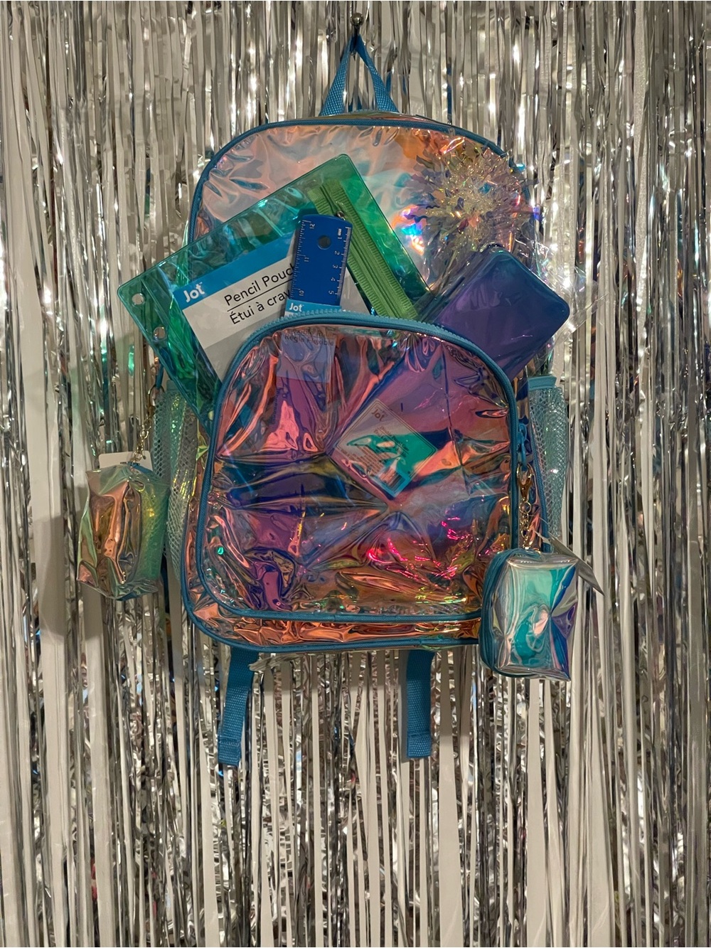 Iridescent Holographic Backpack - Blue Trim W/ Accessories